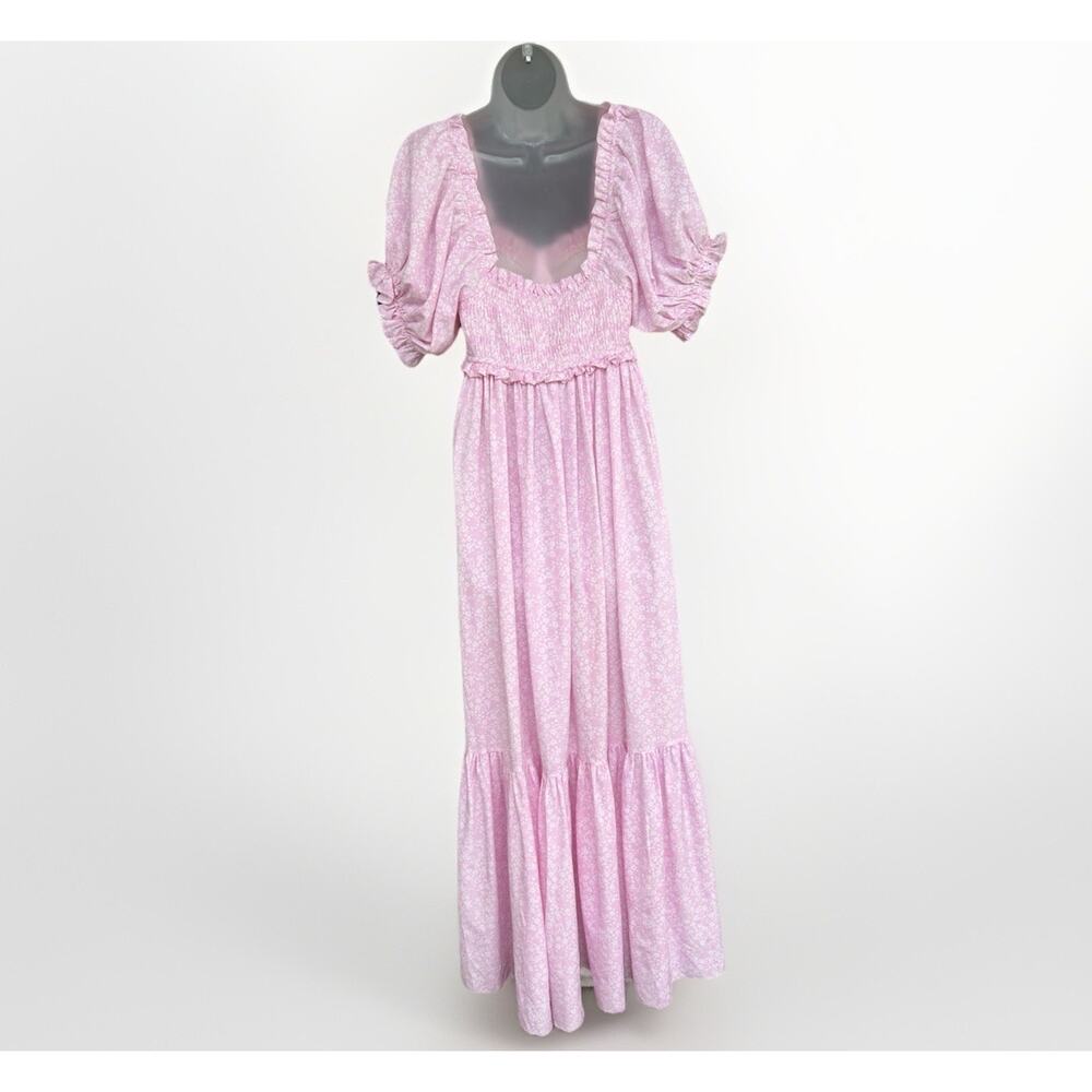 Mable Pink Smocked Maxi Dress Size Med Cottagecore Ditsy Floral Puff Sleeve Boho - Picture 7 of 10